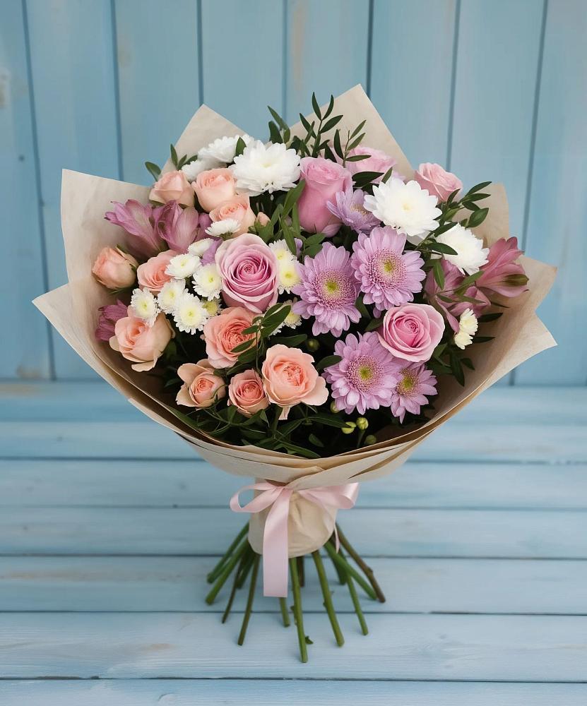 Букет цветов из: Хризантемы, Розы и Альстромерии в Пионерский Ханты-Мансиский АО