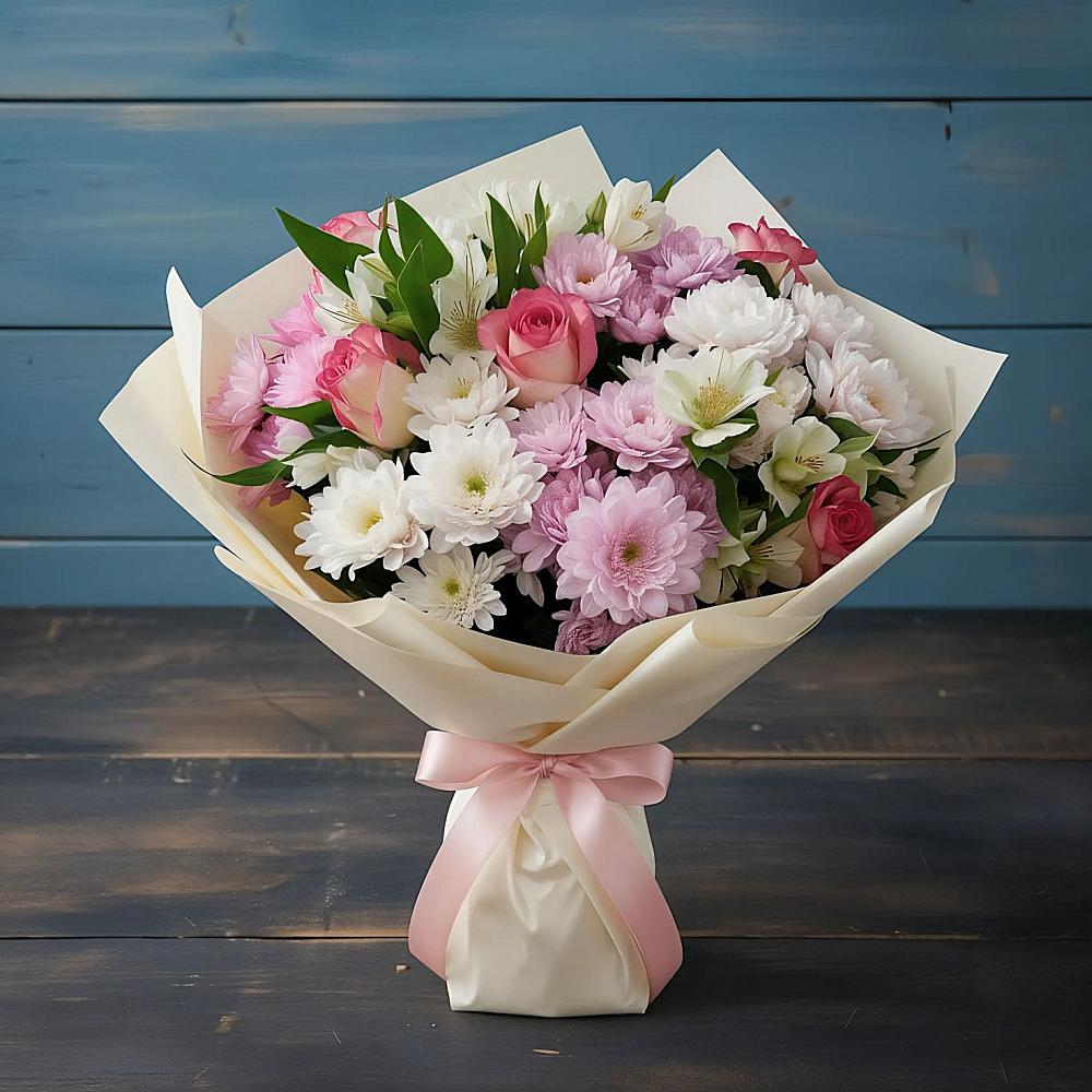 Букет цветов из: Хризантемы, Альстромерии и Розы в Пионерский Ханты-Мансиский АО